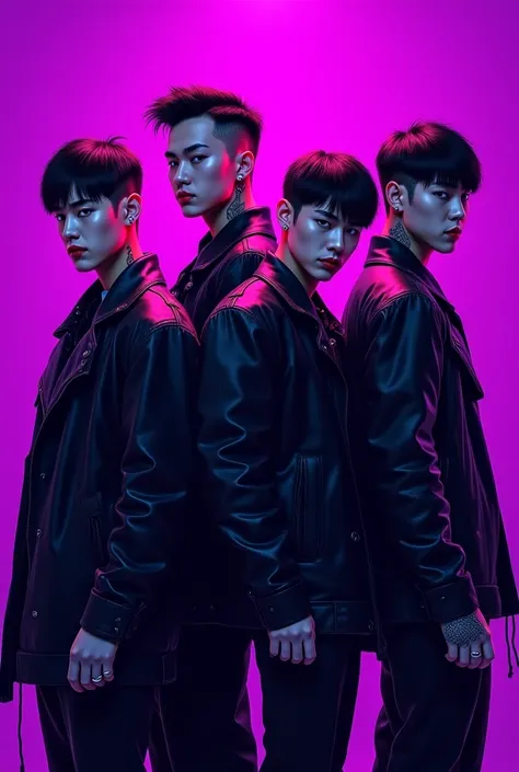 Create an image with 4 members of a Japanese gang with a purple background