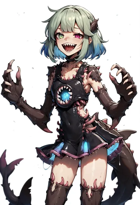 Tentacle girl. Light green hair. Shark teeth. Laughing. Rainbow colored eyes. Short skirt dress. Stained glass style glowing costume. Bionic costume. Tentacles with mouths at the end. Demogorgon tentacles. White background