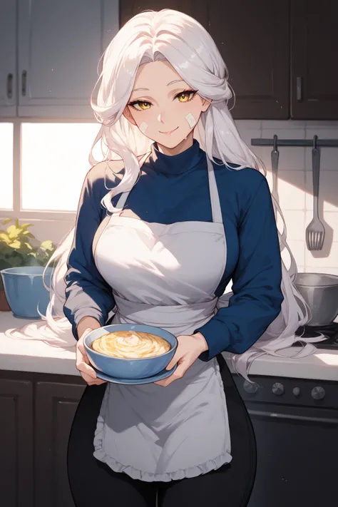 1  woman, yellow eyes, white hair,Blue long  sleeve, Black sweatpants, bandages, long hair,Mother,Parted bangs,Smiling, in the kitchen,Apron 