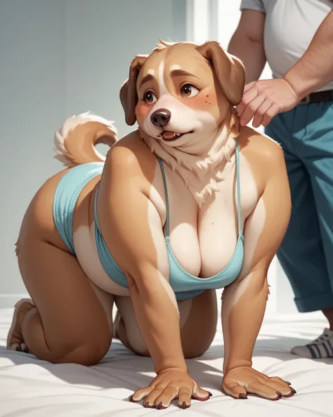 furry dog bbw woman , Cleavage , loose , sloppy , lazy , all fours , shy , man's hand on hip , out of frame