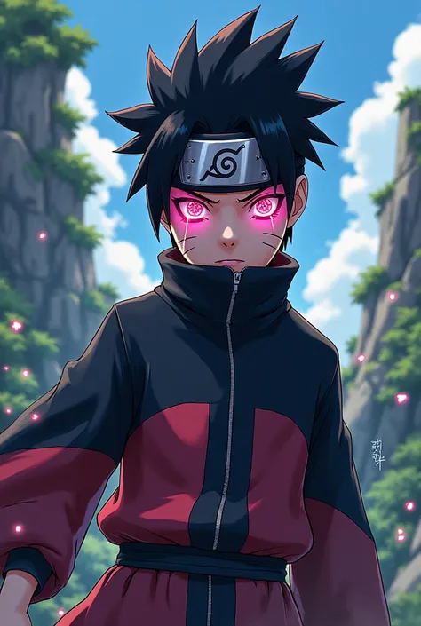 Create a Naruto character for me with eyes like Sharigan but pink and around the eyeball stars 