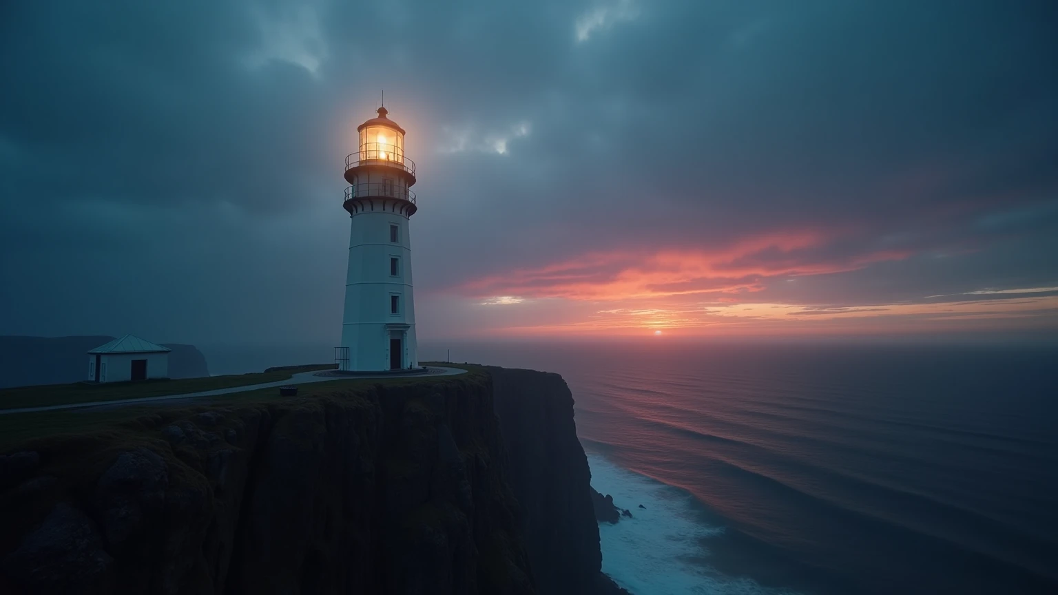 Ultra close up Make the beacon very close to one side of the frame, A low-angle shot of a towering beacon dominating the frame, standing defiantly on the edge of a sheer cliff as dusk settles over the ocean. The lighthouse is captured from a slightly upwar...