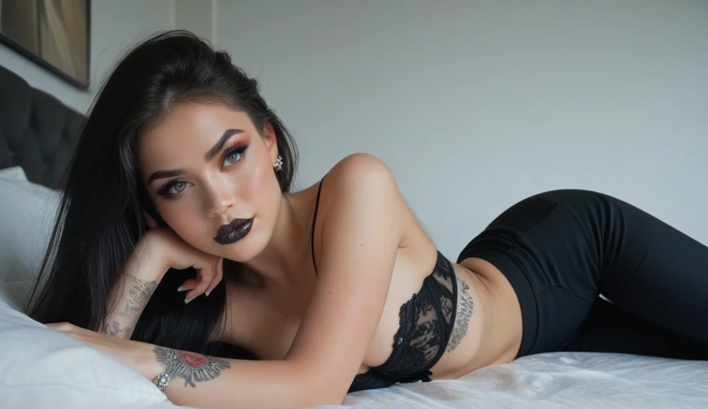  1girl with long black hair ,   wearing a strapless dress  , tight black pants, tattoo, current,   white skin, red spot on the , black makeup, e-girl,  look seriously, Black Lipstick,  A beautiful young woman ,  resolution with a 20-year appearance,   perf...