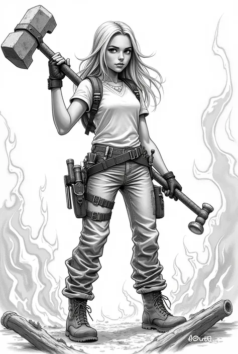 A black and white sketch of a teenage girl with long hair, wearing a T-shirt, cargo pants, loaded tool belt, and boots, standing in a burning blaze with a warhammer. She’s in a badass pose.