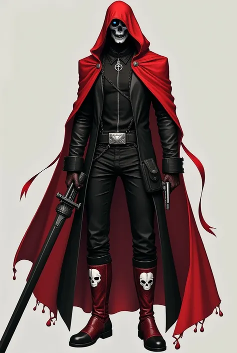 my outfit was just a bit different i got a black shirt and a coat with its outside black and its inside red as i have full on black pants and red and black boots with a  white Broken skull painting on them both as i had black holsters with two ''End'' Revo...