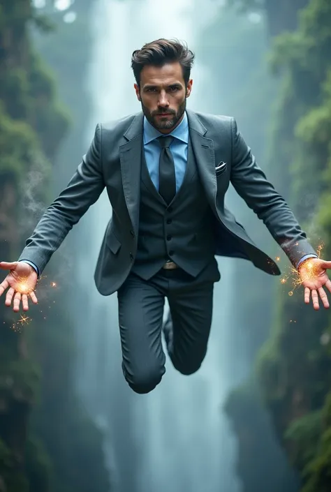 Handsome man dressed in an elegant gray suit with blue shirt and gray tie using magic and flying