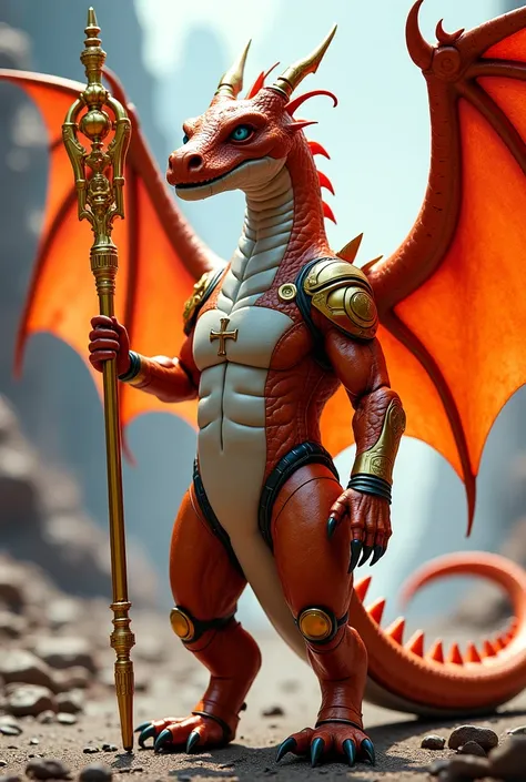 masterpiece, high quality, 2k, realistic, dragon, solo, looking at viewer, brown body, tall and strong body, 2 meters high, full body, golden staff, holding golden staff, in spacesuit, spacesuit in orange and white colors, detailed body, standing, happy, a...