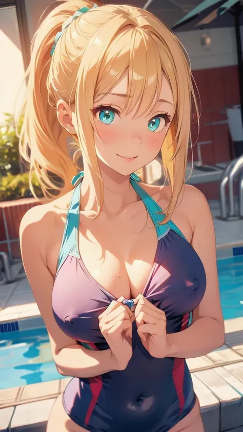 Nsfw, 1girl, 1man, hetero, upper body, arms behind back, swimsuit down, from front,
smile, blush, half-closed eyes, embarrassed, profile , looking away,
(((pov hands pull down one-piece swimsuit to expose chest, nipples peek))),
indoor pool, large window, ...