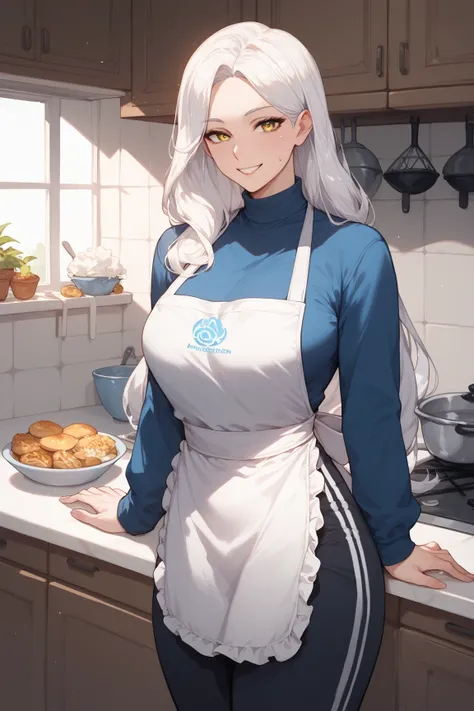 1  woman, yellow eyes, white hair,Blue long  sleeve, Black sweatpants, bandages, long hair,Mother,Parted bangs,Smiling, in the kitchen,Apron 