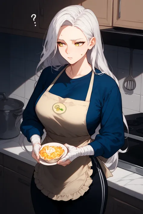 1  woman, yellow eyes, white hair,Blue long  sleeve, Black sweatpants, bandages, long hair,Mother,Parted bangs, Curious,in the kitchen,Apron 