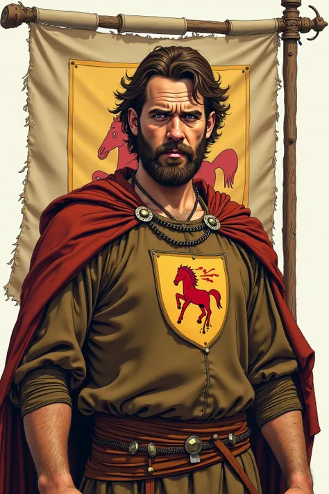 A realistic medieval fantasy portrait of a noble man of 50. He is heavy-set. He has brown eyes, coarse brown hair and thick shoulders and arms. He wears a brown woolen tunic embroidered with a red stallion
On the background a banner. On the banner his coat...