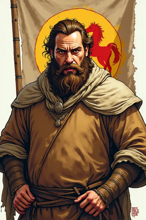 A realistic medieval fantasy portrait of a noble man of 50. He is heavy-set. He has brown eyes, coarse brown hair and thick shoulders and arms. He wears a brown woolen tunic embroidered with a red stallion
On the background a banner. On the banner his coat...