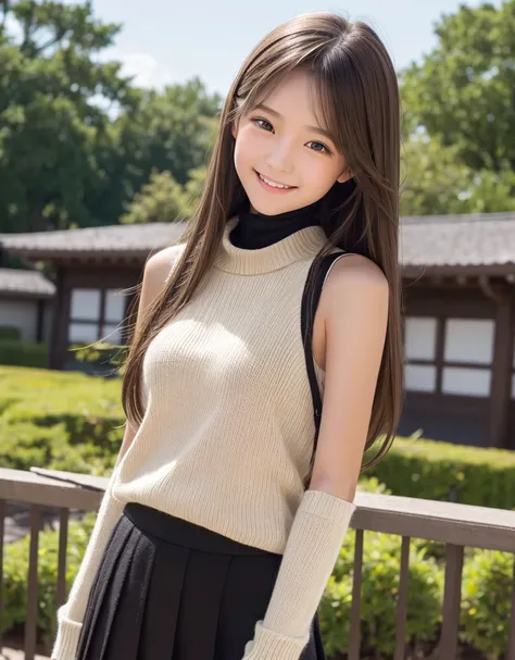  A female middle school student who emphasizes beautiful upper arms with just the right amount of muscle and seductive, attractive shoulders from a sleeveless black turtleneck knit sweater to show viewers,  enchanting smile 、one girl,   Very realistic skin...