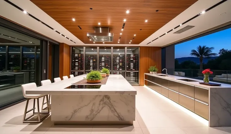 A state-of-the-art, ultra-modern kitchen in Pelé’s mansion, featuring a sleek, marble island with built-in seating and integrated smart appliances. The high-gloss cabinetry has handle-less finishes, adding to the clean, minimalist aesthetic. Stainless stee...