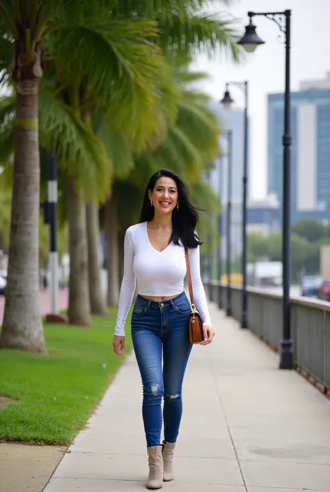 A stunning 50-year-old woman from Los Altos de Jalisco walks gracefully along a tree-lined pedestrian path in the city, enjoying the fresh air. Her figure is perfectly balanced, with a small waist and pronounced hips that enhance her feminine silhouette. S...