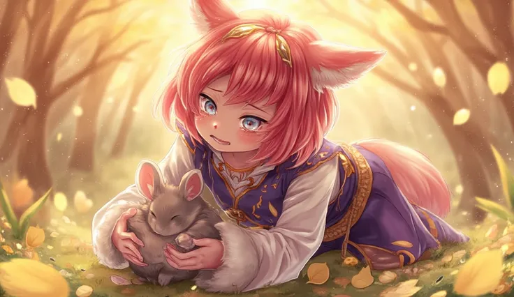 A young magical-looking girl with short, vibrant pink hair, large, teary blue eyes, and an expression of deep sorrow. She has large, fluffy animal-like ears and a bushy tail. She wears an outfit inspired by oriental designs, featuring a padded purple vest ...