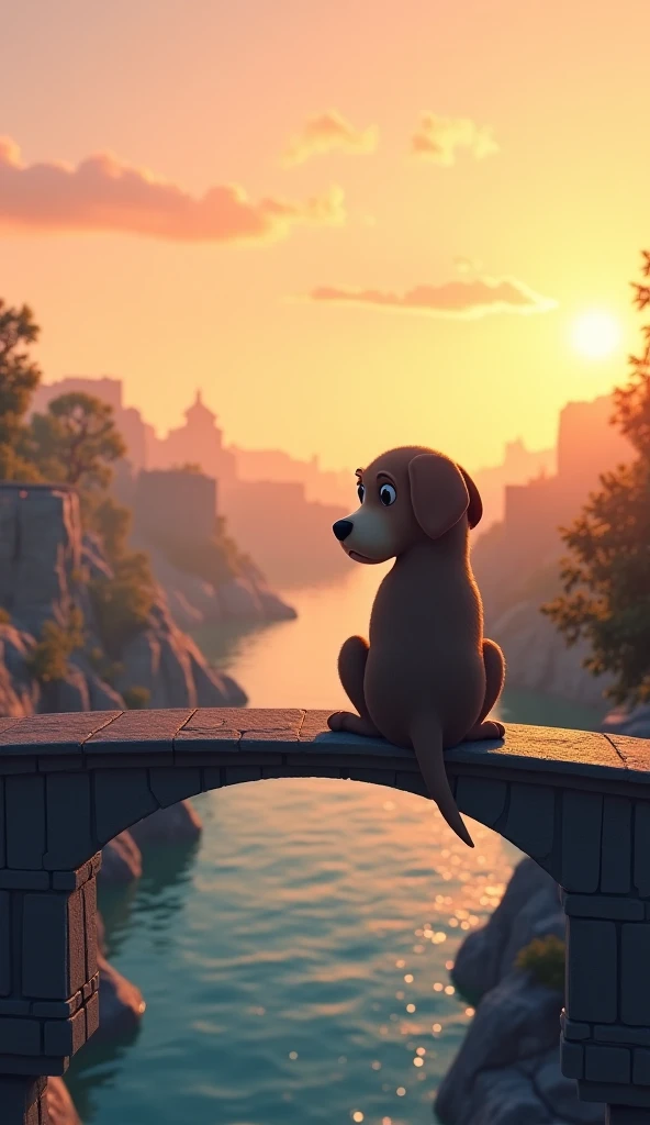 Make the dog sad on top of the bridge over the river, Disney pixar style