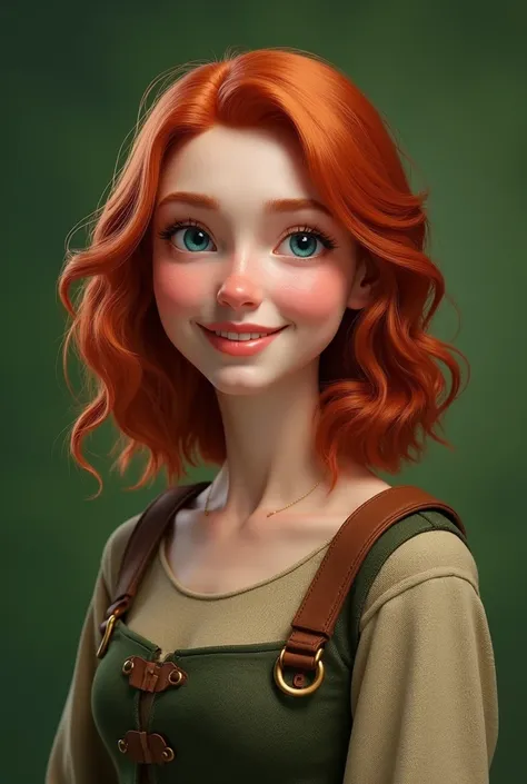 ( photo realism)   Woman, red-haired,  wavy hair up to the shoulders,  Scottish ethnicity ,  casual clothes, friendly blue eyes ,  full body and green background .