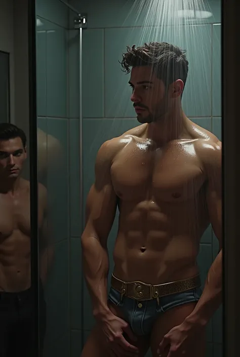 A handsome man is taking a shower while a gay man secretly watches from behind.