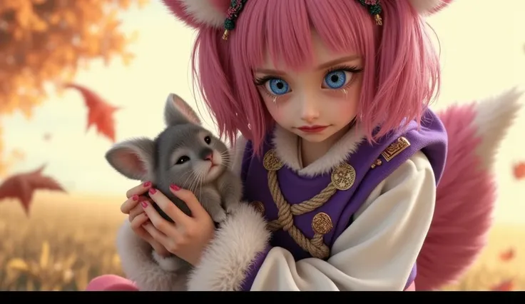 A young magical-looking girl with short, vibrant pink hair, large, teary blue eyes, and an expression of deep sorrow. She has large, fluffy animal-like ears and a bushy tail. She wears an outfit inspired by oriental designs, featuring a padded purple vest ...