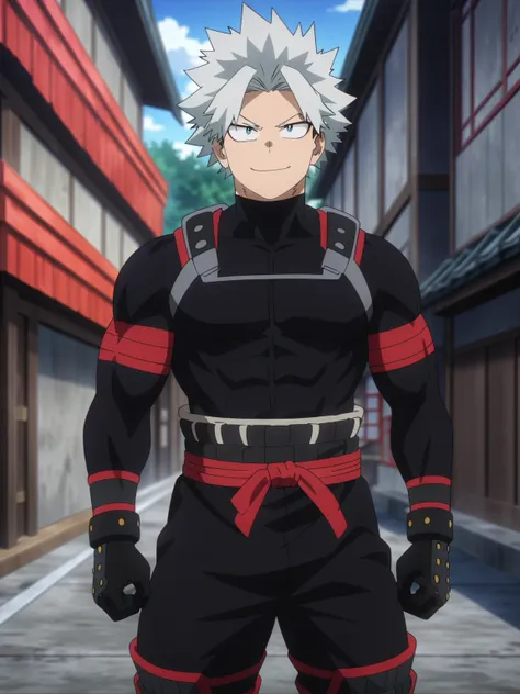 (masterpiece, best quality, anime, anime coloring:1.3, superhigh res). ((Samurai superhero as MHA character, sexy, small smile, adult, muscular, silver hair, Male)). ((Superhero suit)), (((Wearing a samurai themed superhero suit.))). Modern ninja village b...