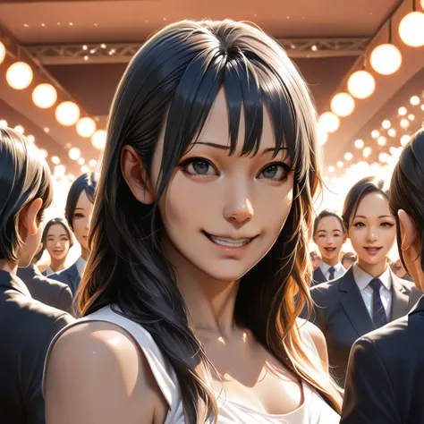 a smiling girl with black hair,delicate face,looking at the audience,masterpiece,(best quality,4k,8k,highres,ultra-detailed,realistic,photorealistic:1.37),disney style doodle,best shadow,best lighting,cinematic light,fair skin tone