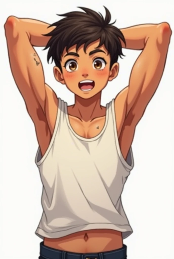 Anime style drawing of a 22-year-old brown teenage boy ( Mexican), con top tank, with arms raised behind the head, cabello corto, with armpit hair , hair in the lower abdomen, piercing at the end of the eyebrow