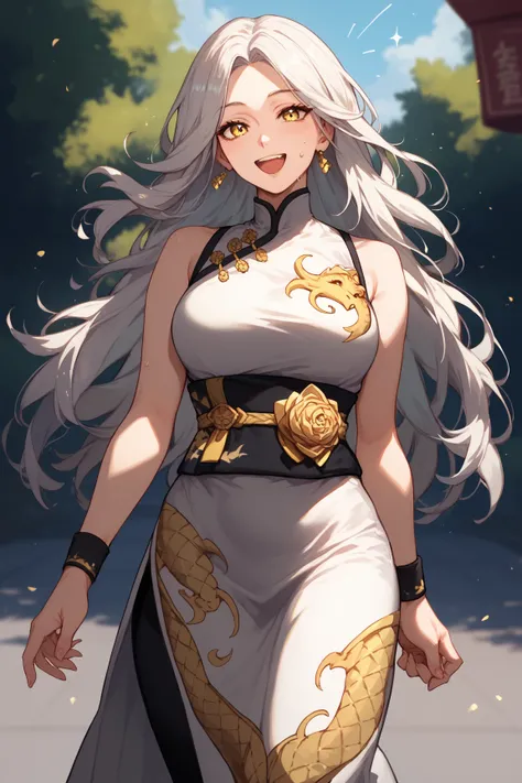 1  woman, yellow eyes, white hair, White dress, Dress with gold details, dragon print on the dress, gold sash, black wristband,, Gold sweatpants, bandages, long hair,Mother,Parted bangs,Happy, home scene