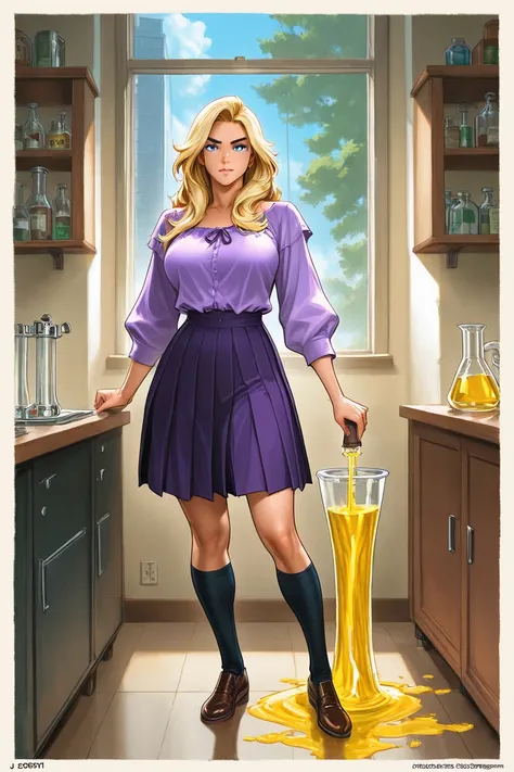 Full body view, front view of a tall blonde milf in a purple pleated skirt and purple blouse standing in a lab, j. scott campbell, j scott campbell, chris moore. artgerm, inspired by Joe Jusko, beautiful comic art, style ivan talavera and artgerm, style ar...