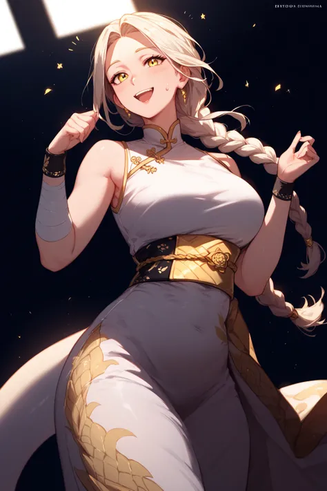 1  woman, yellow eyes, White braid, Nordic braid,White dress, Dress with gold details, dragon print on the dress, gold sash, black wristband,, Gold sweatpants, bandages,Mother,Parted bangs,Happy, home scene