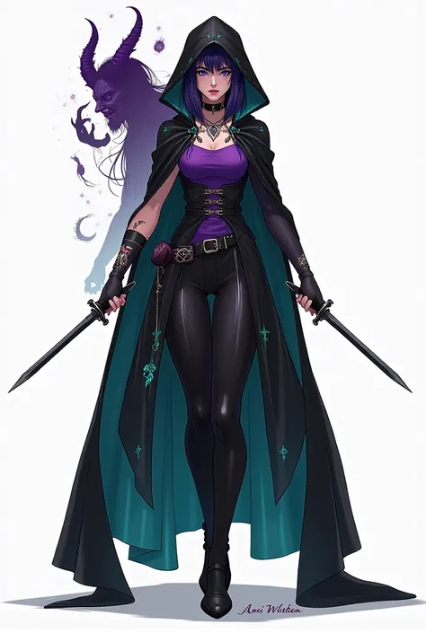  a drawing of a woman in a black cape and a purple top, teal pattern on the cape , tattoo that starts from the left eye and ends on the neck,  concept art inspired by Jin Homura  , Trending on deviantart,  under art ,  full body pose  , full body concept, ...