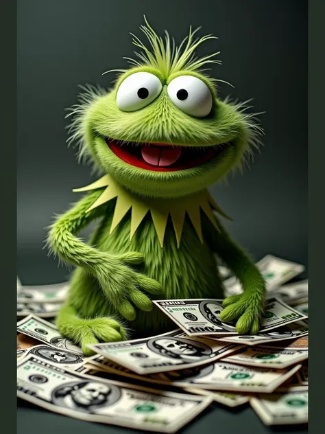 Oscar the grouch in a pile of cash