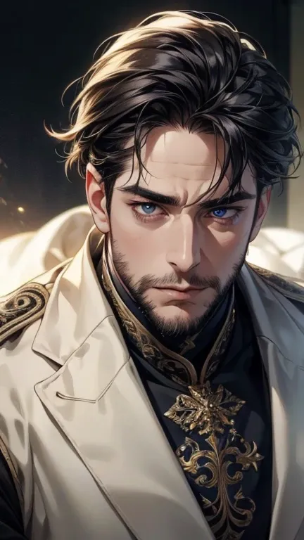 ( borrowed letter ,4K,8k, highres, masterpiece:1.2), ultra-detailed,(realistic,photorealistic,photo-realistic:1.37),36-year-old man,3 day beard,Cute anime ,Portraits,strong,Masculine, dark hair,sharp jaw,  mesmerizing eyes  , perfectly combed hair, cool an...