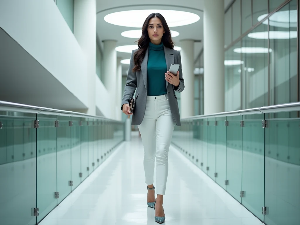 Modern office interior, sleek glass balustrade, circular ceiling lights, businesswoman walking, smartphone in hand, tailored gray blazer, white trousers, teal turtleneck, high heels, long dark hair, confident posture, bright natural lighting, minimalist ar...