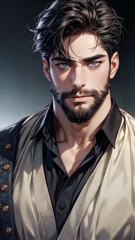 ( best quality,4K,8k, highres, masterpiece:1.2), ultra-detailed,(realistic,photorealistic,photo-realistic:1.37),36-year-old man,3 day beard,Cute anime ,Portraits,strong,Masculine, dark hair,sharp jaw,  mesmerizing eyes  , perfectly combed hair, cool anime ...