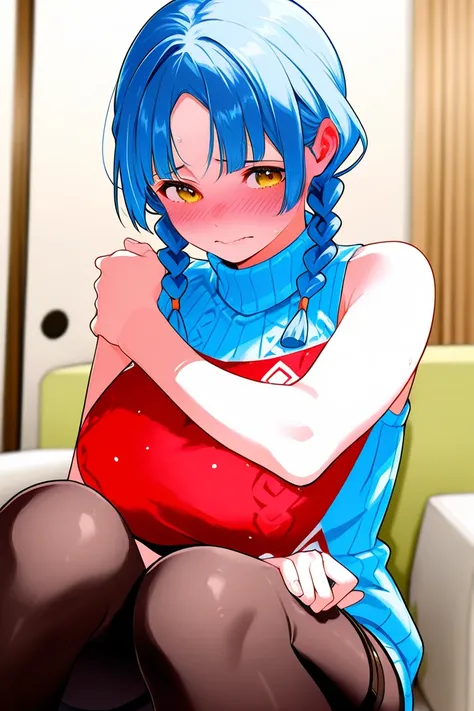 BEST QUALITY, ULTRA DETAILED, PERFECT ANATOMY, HIGH DEFINITION, INTRICATE DETAILS, ALONE, 1 girl, long blue hair, a fringe covering her forehead, two small braids on both sides of her head, orange eyes. Sexy outfit, she wears a white sleeveless sweater wit...