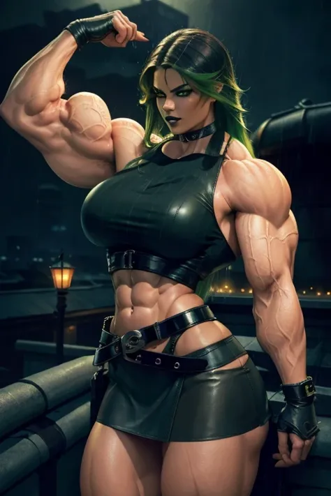 ((Close-up)), tall, (green hair) beautiful muscular woman, wet long curvy hair, black skinned, smirking, (black lipstick), (massive muscles), (hyper muscle), ((ginormous bulky muscles)), orange eyes, (((black leather crop top))), ((((leather formal skirt w...