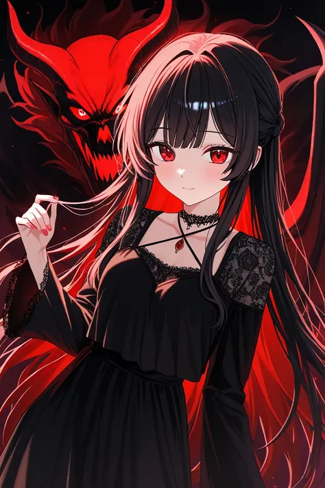  A girl, new, demon, With the psychopathic look, dressed in red with a small black cold blouse