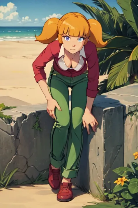 1girl, masterpiece,best quality,penny,blonde hair,twintails,blunt bangs,blue eyes,red shirt,green pants,
full body,sea,sand,tropical island background ,((pants pulled down)), ((pants around legs)), 

stockings, solo, alone, (leaning slightly forward), ((ST...