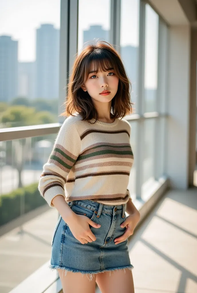 masterpiece, best quality, Cinematic photo, a 18-year-old Japanese woman (hair is styled in loose waves, bangs reaching to eyebrows, Brown eyes), Complete Anatomy, Complete Hands, wearing a casual outfit with a striped sweater and denim skirt, paired with ...