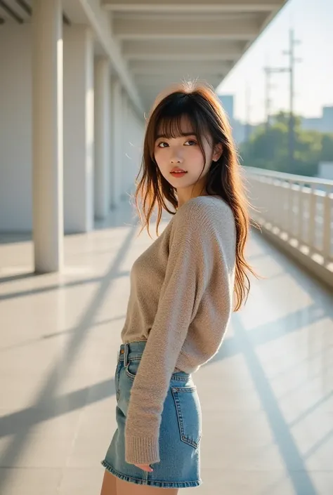 masterpiece, best quality, Cinematic photo, a 18-year-old Japanese woman (hair is styled in loose waves, bangs reaching to eyebrows, Brown eyes), Complete Anatomy, Complete Hands, wearing a casual outfit with a striped sweater and denim skirt, paired with ...