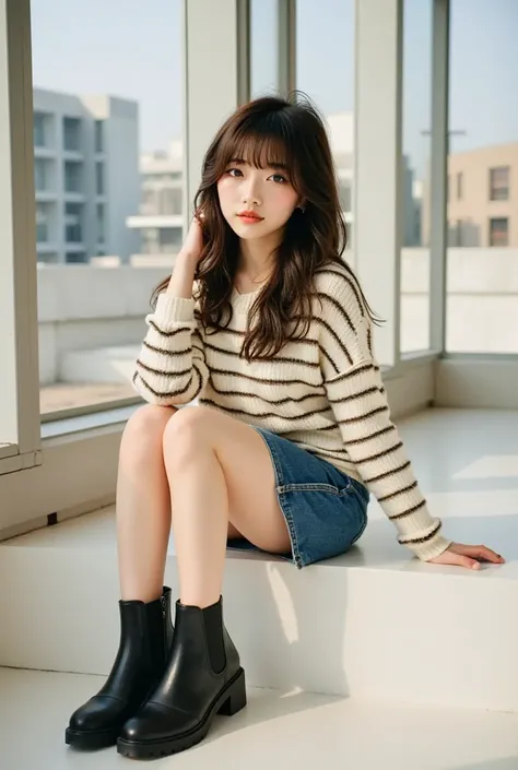 masterpiece, best quality, Cinematic photo, a 18-year-old Japanese woman (hair is styled in loose waves, bangs reaching to eyebrows, Brown eyes), Complete Anatomy, Complete Hands, wearing a casual outfit with a striped sweater and denim skirt, paired with ...