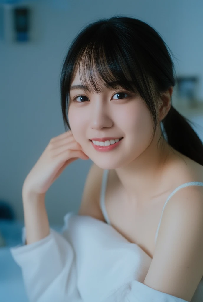    night 、  in bed with a kind smile   、  Shiny Hair  ,  Slightly messy black hair  ,  ponytail hair  、   8K full body image of the photo   、   her expression is warm and bright  ,  kind笑顔で.     8K full body image with slightly illustrative texture   ,    ...