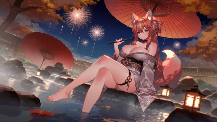 1girl, breasts, large_breasts, kimono, animal_ears, japanese_clothes, fireworks, oil-paper_umbrella, long_hair, onsen, tail, soaking_feet, solo, looking_at_viewer, multicolored_hair, crossed_legs, thigh_strap, cleavage, virtual_youtuber, night, anime girl ...