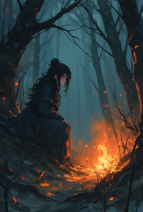 watercolor, cute, close up face, In the depths of the forest, where silence reigns, shadows of flames flicker faintly. The flames dance through the trees, accompanied by the passage of a cold wind. Amidst this scene, a princess crouches, watching the flame...