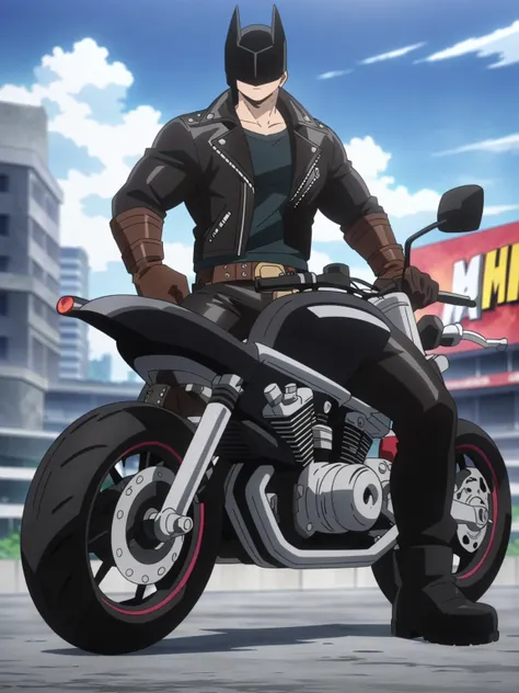 (masterpiece, best quality, anime, anime coloring:1.3, superhigh res). ((Leather Biker as MHA character, sexy, wearing black helmet, no eyes, adult, muscular, Male)). ((Full leather gear)), (((Wearing leather pants, wearing leather jacket, wearing leather ...