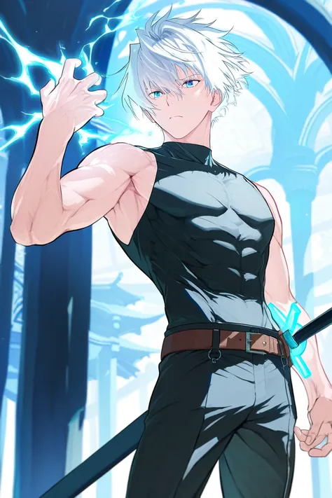 BEST QUALITY, ULTRA DETAILED, PERFECT ANATOMY, HIGH DEFINITION, INTRICATE DETAILS, ALONE, 1boy, toned, thin, platinum white hair, short unruly hair spiking up, blue eyes, loose black pants, brown belt, black shirt, sleeveless, long white overcoat, sword sh...