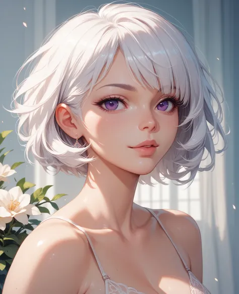 Very beautiful girl with short white hair and purple eyes 