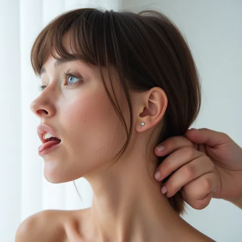 Super realistic picture of a beautiful 18 years old american woman's head, in side view, in a very bright, white room. She has beautiful, straight, thick, smooth, silky, shiny, dark brunette, middle swap, feather cut hair. She is looking straight ahead. Tw...