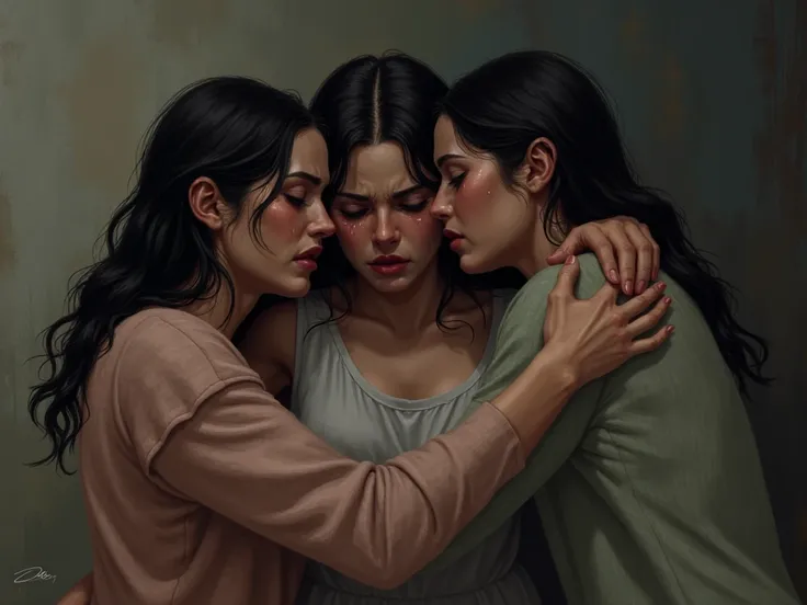 three women hug each other crying desperately.